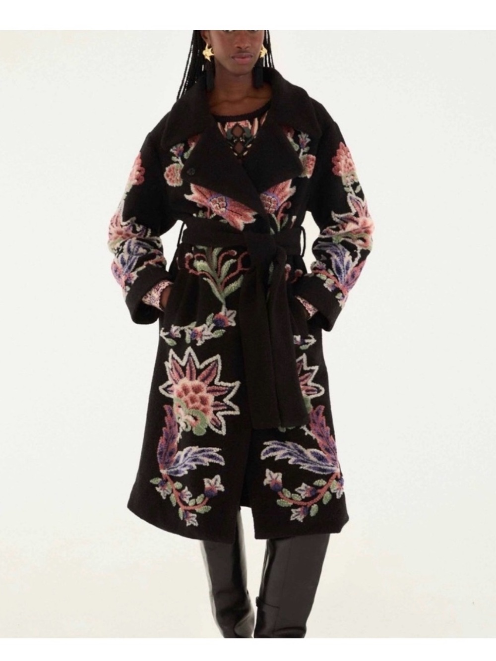 FARM Rio Black Floral Embroidered Belted Trench Coat